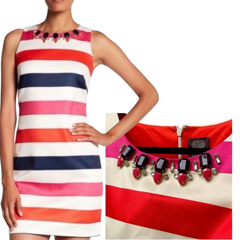 Vince Camuto Embellished Jeweled Dress 16 Striped Satin Cocktail Wedding Cruise